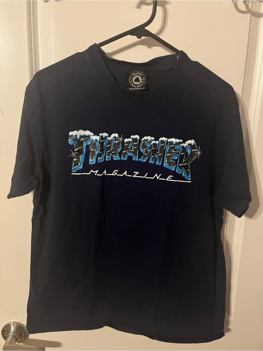 Thrasher Navy Tee with Blue & White Snow Logo